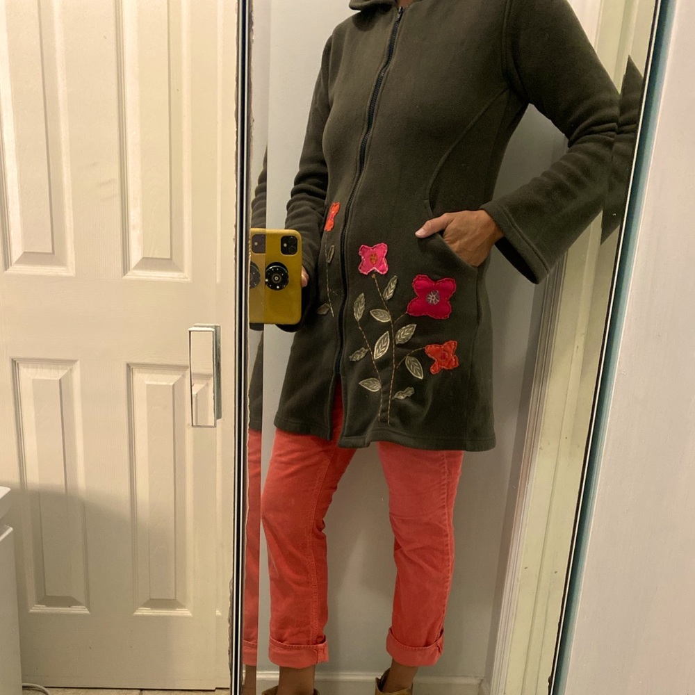 Rejoice-Handmade in Nepal, Women’s long fleece coat with hoody & embroidery, M.